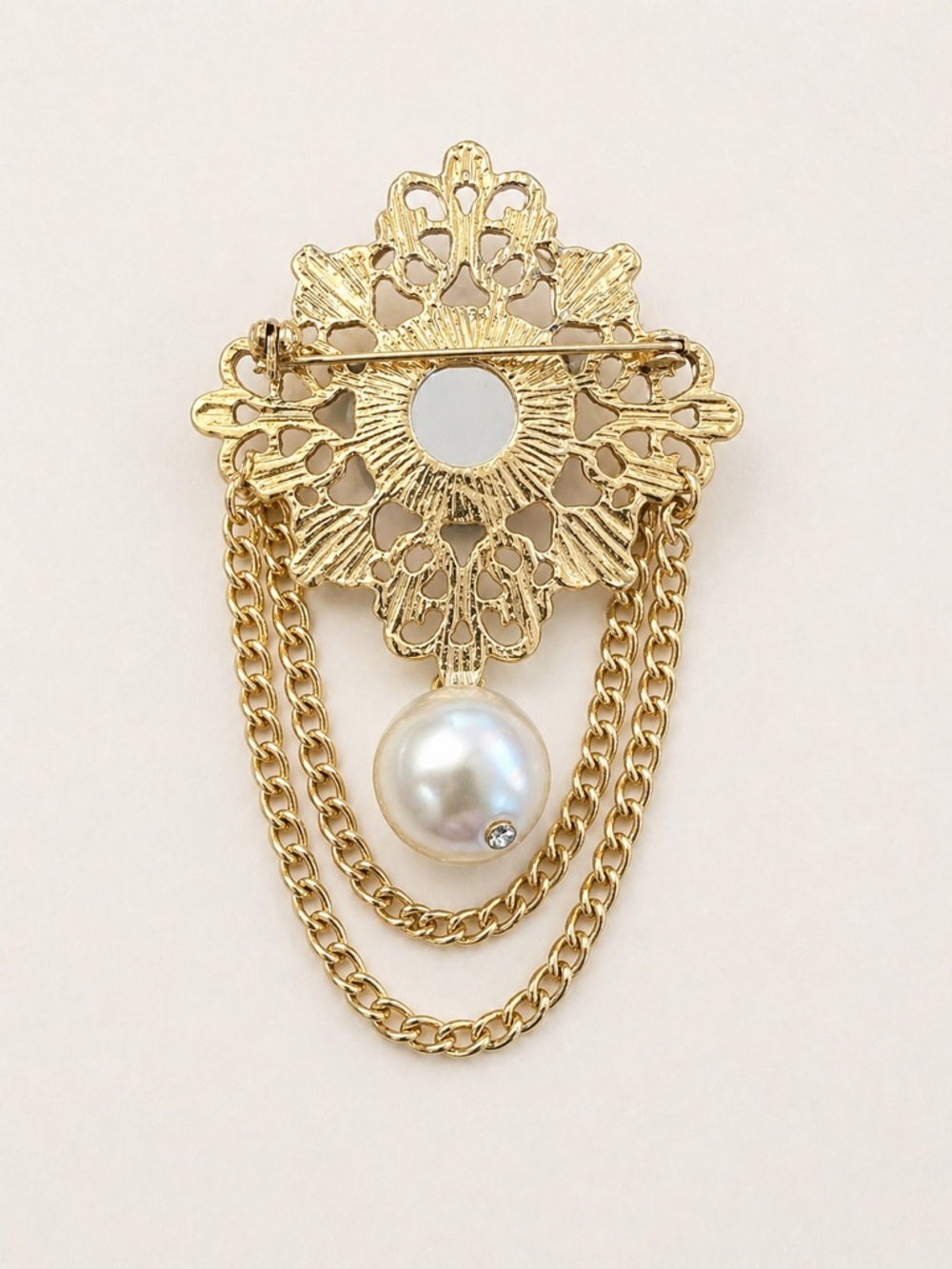 Vintage Style Gold Tone Filigree Blue Cabochon Faux Pearl Dangle Chain Brooch - Picture 4 of 6